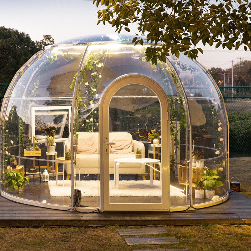 PC Casa de cúpula clara Tiendas de campaña de burbujas al aire libre con ventana de aluminio y luz LED